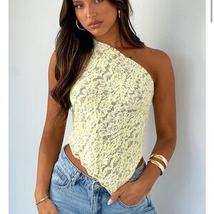 White Fox Boutique Lace Asymmetrical Crop Top in yellow